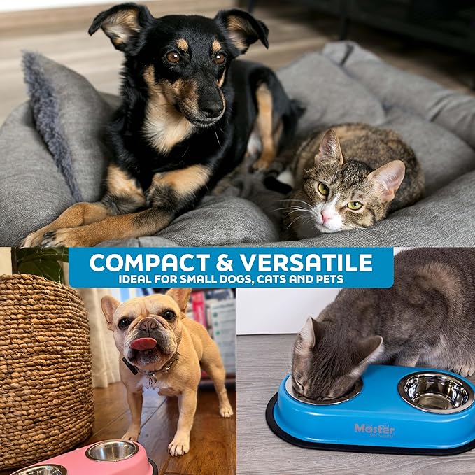 Master Pet Supply Double Dog Bowls Set with Elevated Base and 2 (8 oz) Stainless Steel Removable Dishes (Bone White) – Double Cat Food Water Bowl, Dog Puppy Food Bowl Set, Rust Resistant