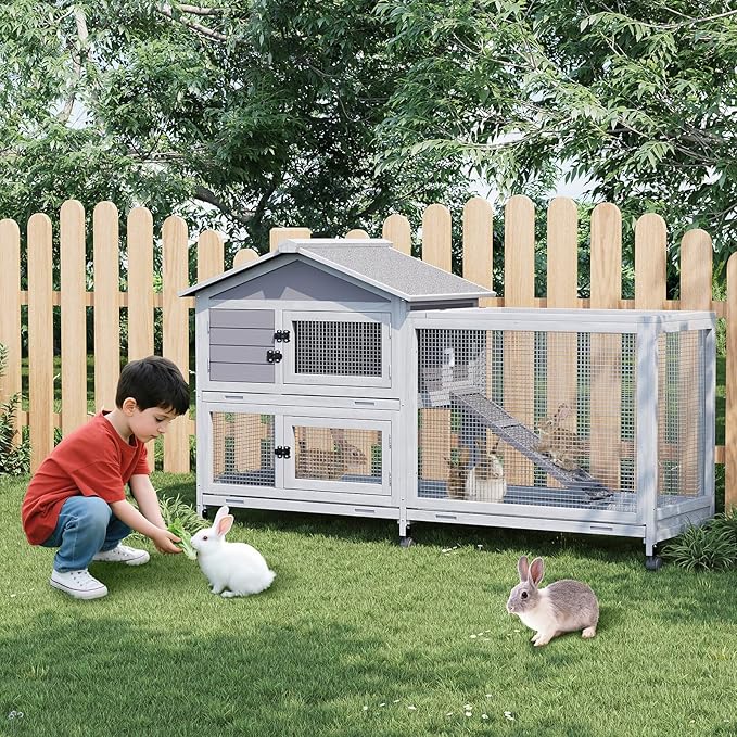 GarveeTech 63" 2-Story Wooden Rabbit Hutch Indoor, Large Bunny Cage Outdoor with 6 Lockable Wheels, Pull-Out Tray & Weatherproof Roof, Small Animal Cage for Rabbit Guinea Pig Chicken Duck, Grey