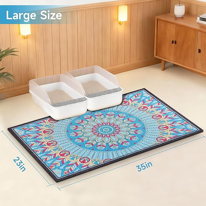 Cat Litter Mat, 35" x 23" Litter Box mat, Traps 100% Litter, Non-Slip Kitty Litter Trapping mats, Large Cute Litter mat, Easy Clean for Scatter Control, Bohe cat Food mat, Urine Waterproof