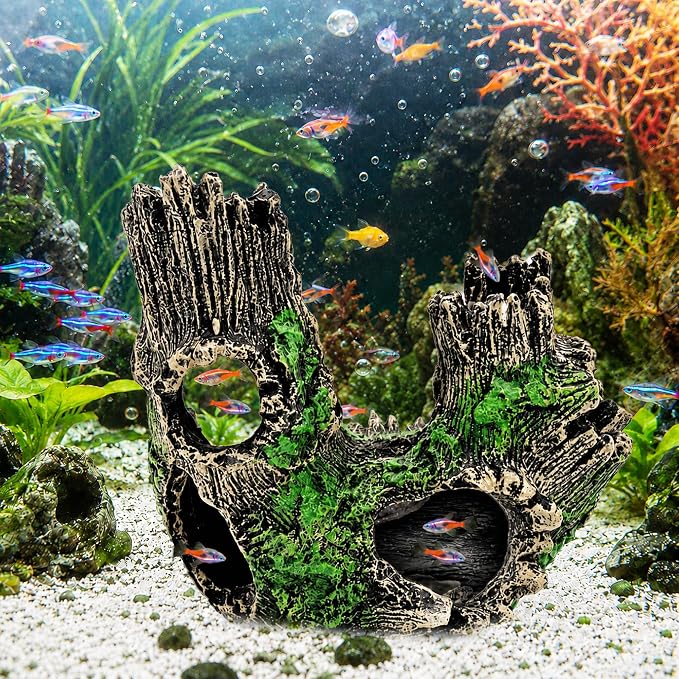 Natural Driftwood Cave Aquarium Decor, Tree Trunk Fish & Reptile Hideout | Lightweight Natural Resin Trunk Hideout, Low Maintenance for Small Fish & Reptiles, Suitable for Fresh & Saltwater