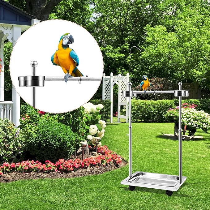 Tandefio Parrot Stand Bird Play Stand 21.65 x 15.35 x 27.95 Inches Large Metal Stainless Steel Bird Playstand Adjustable Height Perch with Universal Wheels and Feeding Bowls
