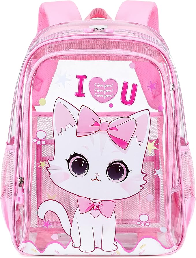 AO ALI VICTORY Clear Backpack for School,PVC Transparent Kids Bookbag for Girls Boys Cute Toddler Back Pack Kindergarten Elementary Schoolbag Stadium Approved See Through Backpacks,Pink Cat