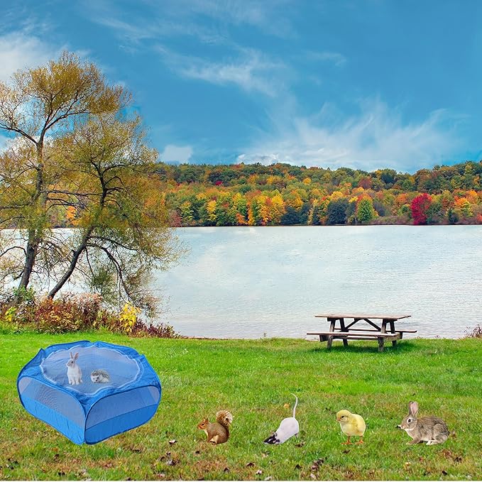 Small Animal Playpen with Zippered Mesh Cover - Portable Foldable Chicken Brooder Box, Indoor Outdoor Enclosure for Guinea Pigs, Bunny, Rabbits, Ferrets, Chinchillas, Kittens (Blue)