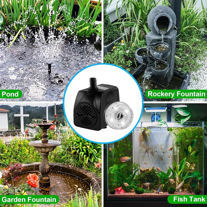 15W 800L/H Submersible Pond Fountain Pump with LED Lights, Ultra Quiet Water Pump, Pond Fountain Pumps for Small Pond, Garden, Aquarium, Fish Tank, Indoor Outdoor Fountain 3 Type Nozzle (White)