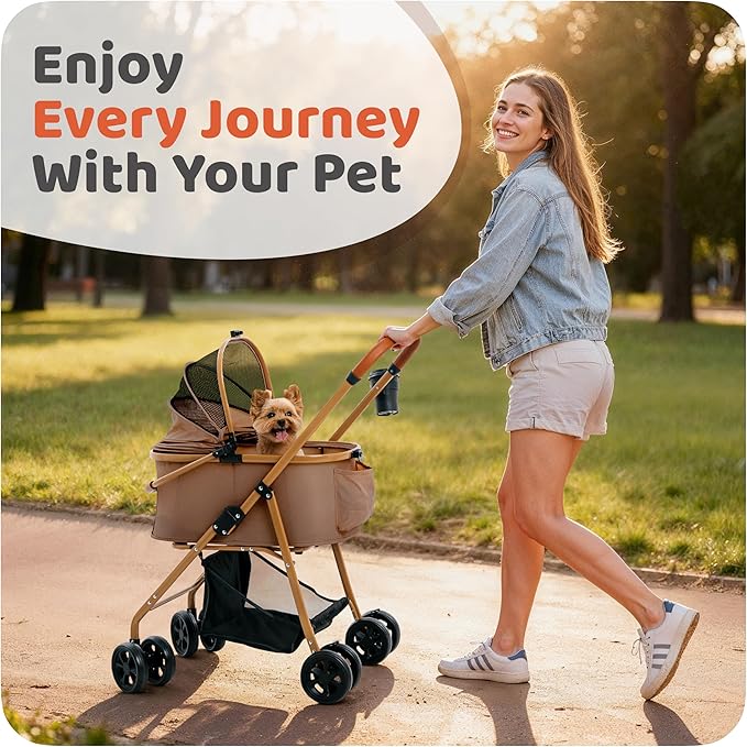 Pet Stroller for Small Medium Dogs & Cats – 2-in-1 Detachable Carrier, Zipperless Entry, Lightweight Folding Travel Stroller with Storage Basket, Cup Holder, Brown