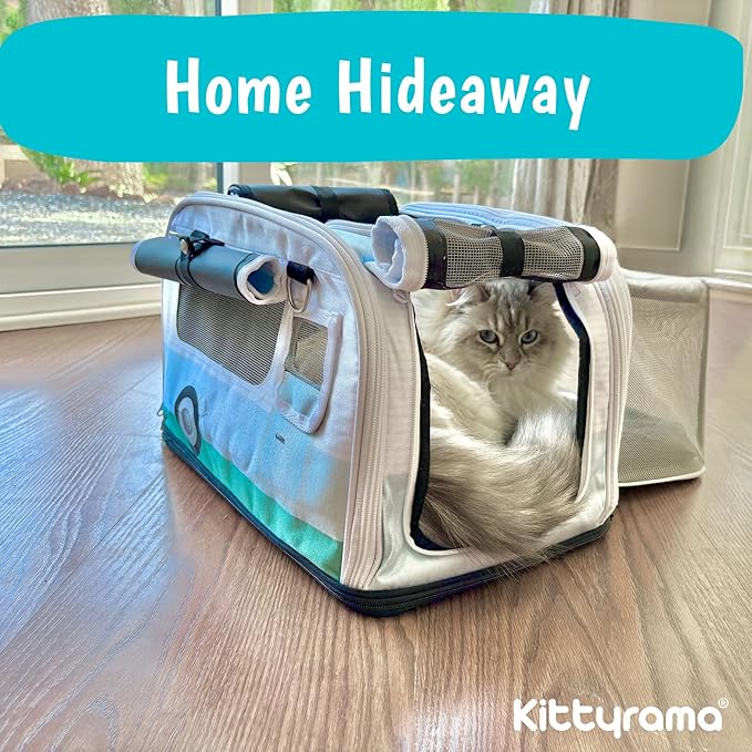 Kittyrama Soft-Sided Airline Approved Cat Carrier with Expandable Hideaway | Escape-Proof SBS Self-Locking Zippers | 22 lb Capacity | Vet Approved | Top & Side Entry | 17×11×11 in