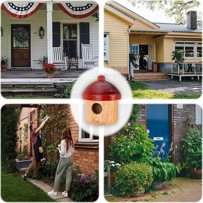 2 Pack Window View Wooden Bird Houses for Outside, Hanging Outdoor Birdhouses to Paint, Bird Nesting Box for Wren Chickadee with Hemp Ropes