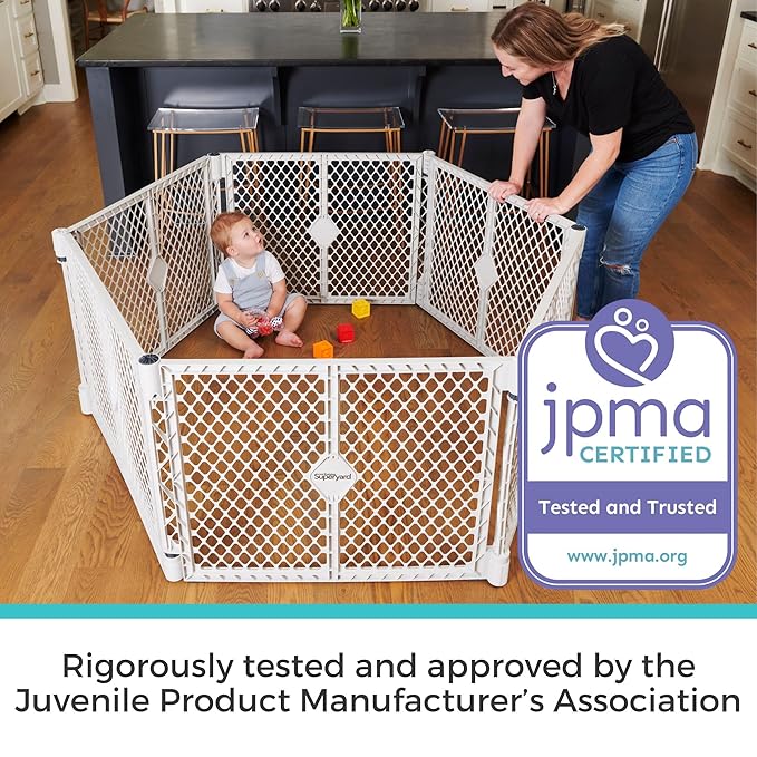 Toddleroo by North States - Superyard Duo Extra Wide Baby Gate & Play Yard: 6 Panel Playpen - Included Wall Mount Kit - Made in USA - 38.5 to 201 Inches W - 26 Inches T - Light Gray