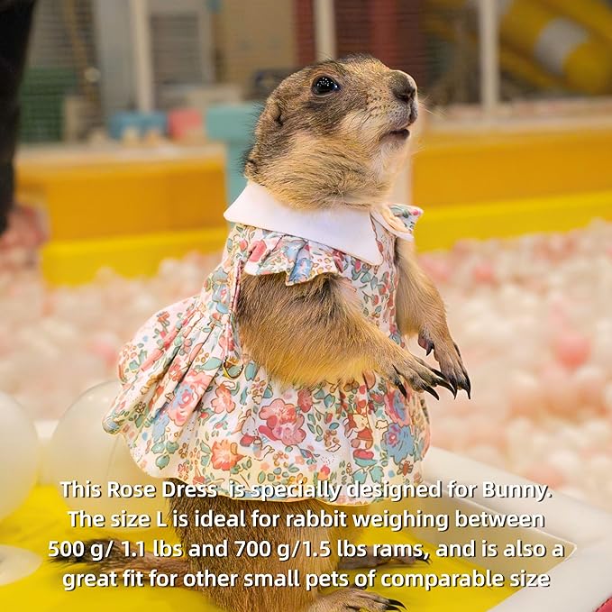 SMOLKITH Rabbit Clothes - Bunny Adjustable Rose Dress with Leash, Small Animal Apparel for Walking - Fits Meerkats, Chinchillas, Guinea Pigs, Prairie Dogs and More