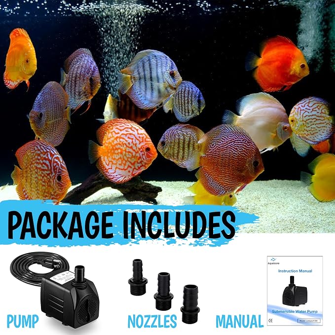 400GPH Submersible Pump 25W - Ultra Quiet Fountain Water Pump, 1500L/hr, 6.56ft High Lift, 3 Nozzles - Submersible Water Pump for Aquarium, Fish Tank, Pond, Hydroponics, Statuary (Compact 400GPH)