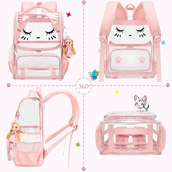 AO ALI VICTORY clear backpack Girls with Tote Bag Heavy Duty PVC Transparent Cute Backpack for Kids Toddler Preschool Bookbags Elementary School Bags See Through Casual Travel Daypack, Pink Set