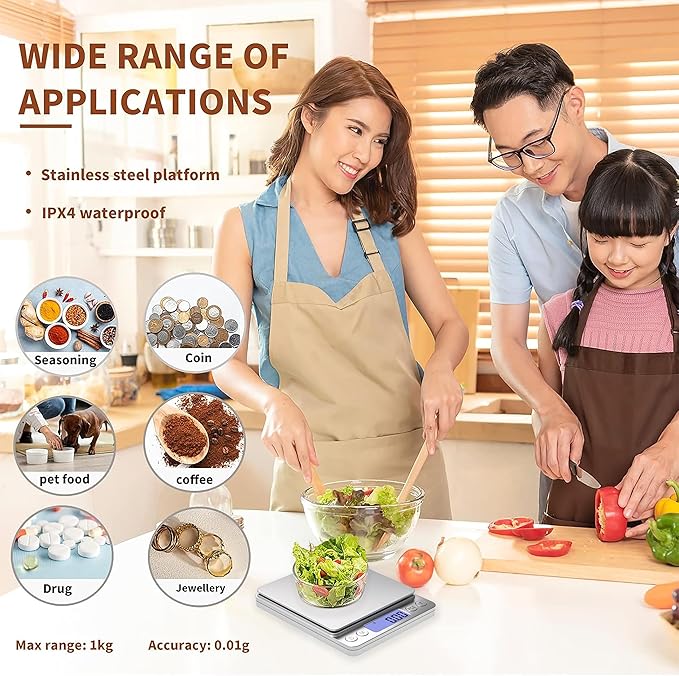 Digital Gram Scale 1000g/0.01g, Scale for Food Ounces and Grams, Upgrade USB Charging Kitchen Scale Digital Weight for Cooking, Baking, Tare Function, 9 Units, 2 Tray