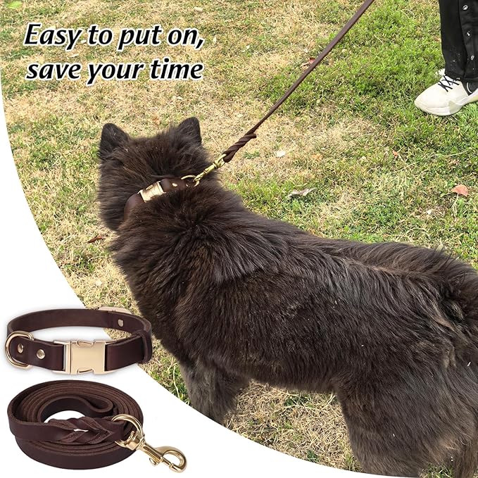 LWBMG 6FT Leather Dog Collar and Leash Set, Heavy Duty Dog Leash and Collar with Metal Buckle,Adjustable Pet Lead and Collar Set, Soft Pet Leash and Collar for Large Dogs Brown