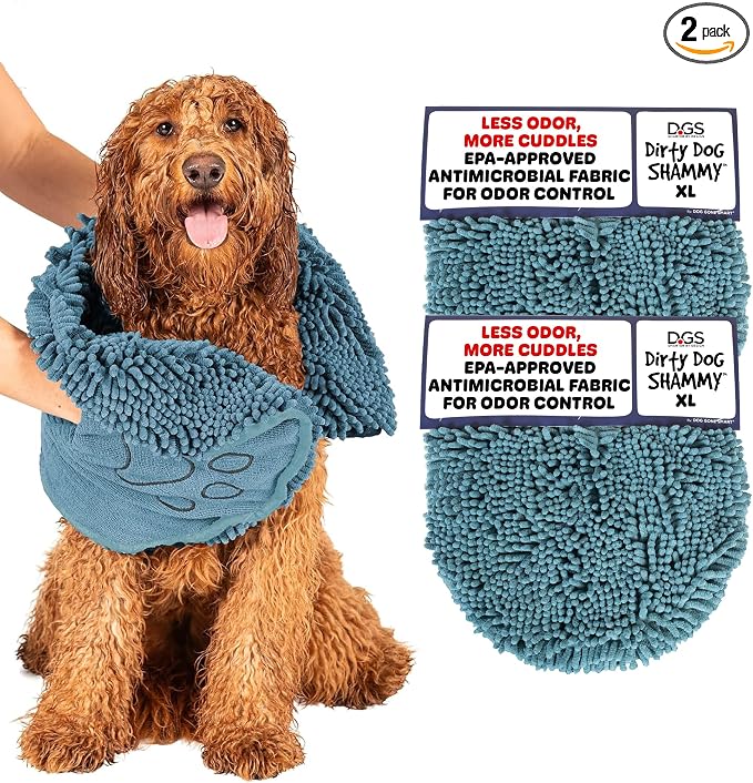 Dog Gone Smart The Dirty Dog Shammy - 2-Pack, Fast Drying Plush Shammy Towel with Dual Hand Pockets and Elastic - Super Absorbent Polyamide Microfiber & Machine Washable - Pacific Blue, X-Large
