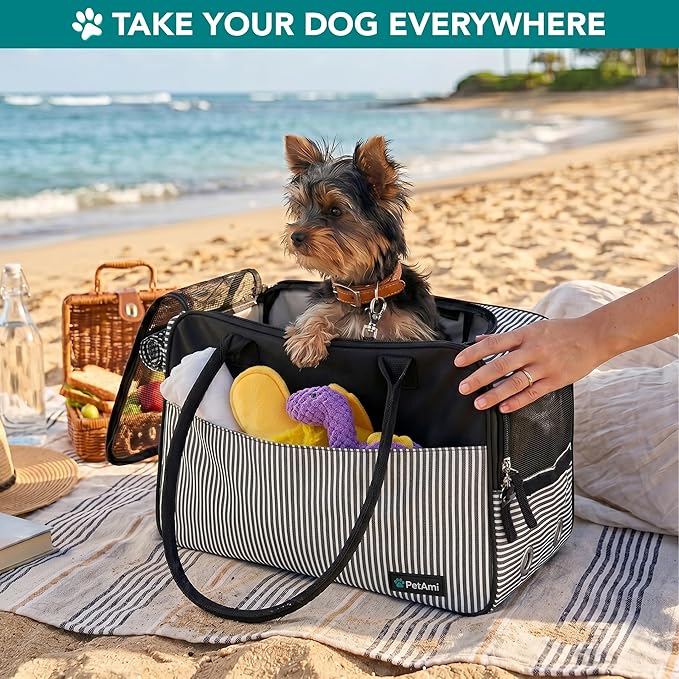 PetAmi Dog Purse Carrier for Small Dogs, Airline Approved Soft Sided Pet Carrier with Pockets, Ventilated Dog Carrying Bag for Puppy Cat, Dog Travel Supplies Bag, Sherpa Bed, Max 12 lbs, Stripe Black