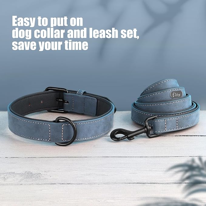 Didog Soft Padded Leather Dog Collar and Leash Set, Adjustable Dog Leash and Collar Set with Metal Buckle, Breathable Dog Collars with 4FT PU Leather Dog Leash for Small Medium Dogs, Blue, M