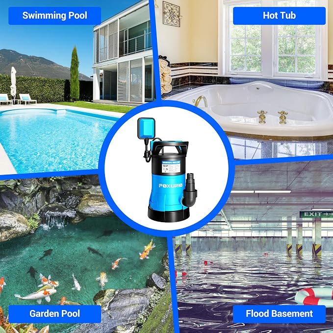 1HP Submersible Sump Pump, 5300GPH High Flow Dirty Clean Submersible Water Pump with Automatic Float Switch, 26FT Long Cord for Swimming Pool, Flooded Basement, Rooftop, Garden Water Removal