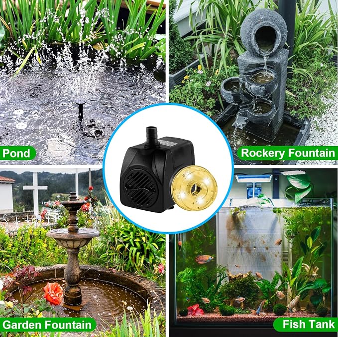 15W 800L/H Submersible Pond Fountain Pump with LED Lights, Ultra Quiet Water Pump, Pond Fountain Pumps for Small Pond, Garden, Aquarium, Fish Tank, Indoor Outdoor Fountain 3 Type Nozzle (Warm)