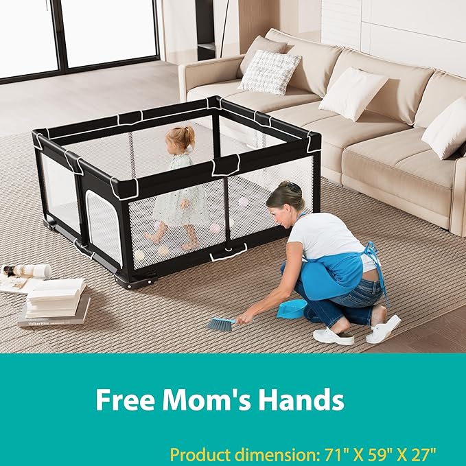 ICAREWAY Foldable Playpen for Babies and Toddlers, 71x59 Inches Portable Playpen, Kids Collapsible Play Pen with 2 Handlers, Indoor & Outdoor Baby Play Area with Visible Mesh (Black)