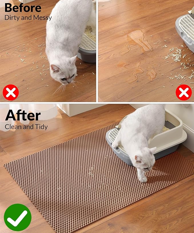 Cooyes Cat Litter Mat - Cut to Fit Any Place, 35"x23" Large Litter Trapping Mat for Litter Box, Easy to Clean, Waterproof & Non-Slip Kitty Pad, Scatter Control to Protect the Floor (Khaki)