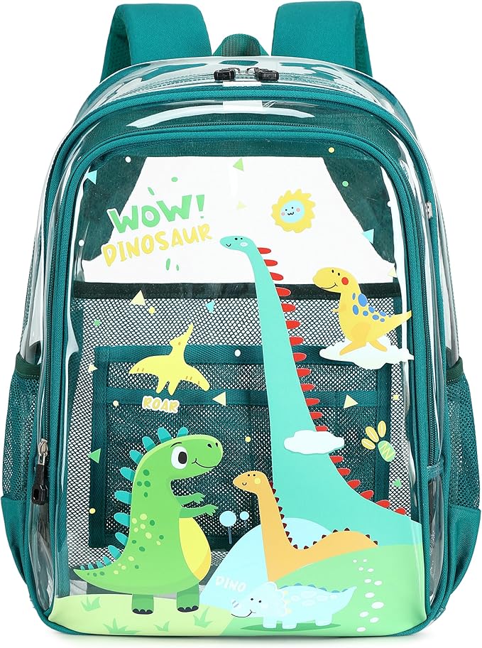 AO ALI VICTORY Clear Backpack for School,PVC Transparent Kids Bookbag for Girls Boys Cute Toddler Back Pack Kindergarten Elementary Schoolbag Stadium Approved See Through Backpacks,Green Dinosaur