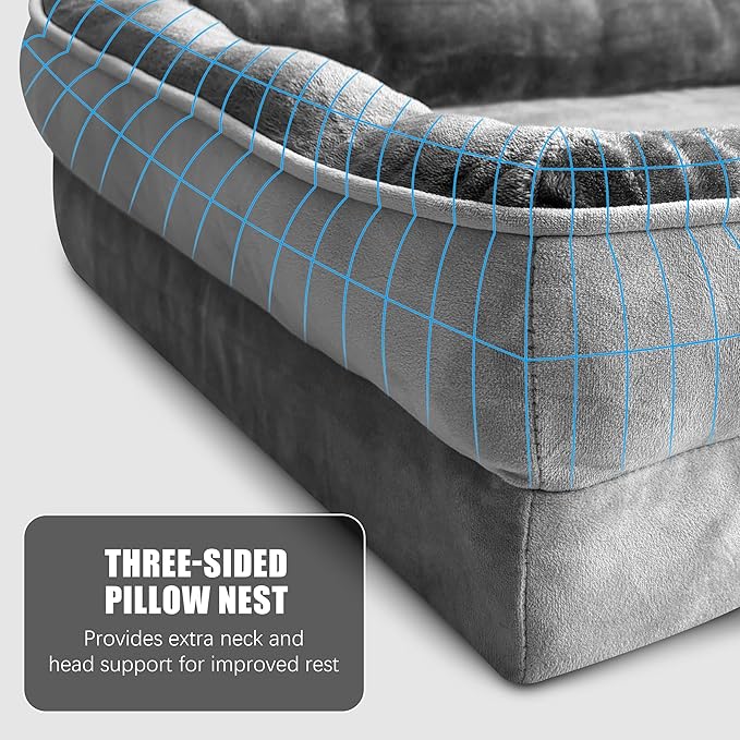 Spotted Play Orthopedic Dog Bed with Sides - Dog Sofa Beds for Extra Large Dogs, Supportive Foam Pet Couch Bed with Washable Removable Cover, Waterproof Lining and Non-Slip Bottom, Grey - XL