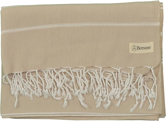 Bersuse Towels Anatolia XL Beach Blanket Throw Blanket Turkish Towel 100% Cotton Extra-Large Quick-Dry Lightweight Premium Peshtemal Towel - 61x82 Inches, Beige (Set of 3)