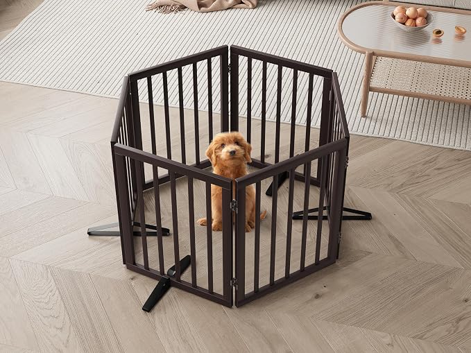 Semiocthome Bamboo Dog Gates for The House Extra Wide, 6-Panel Freestanding Pet Gates with 4PCS Metal Stands for Doorways and Stairs, 24“H Foldable Dog Fences Indoor, Expands Up to 110" (W) Espresso