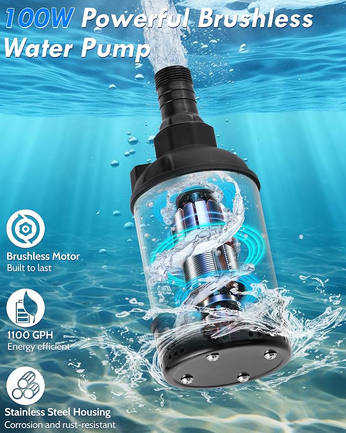 Cordless Submersible Water Transfer Pump, 1100GPH Battery Powered Sump Pump for Hot Tub, Portable Submersible Utility Pump for Camping, Rain Barrel, Includes 21V Battery, Charger and Adapter