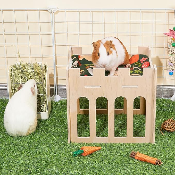 Bienbee Guinea Pig Hideout, Large Wooden Guinea Pig House with Soft Mat for Small Animals Bunny Hamster Chinchilla Ferret Rabbit Hedgehog Squirrel Guinea Pigs Accessories