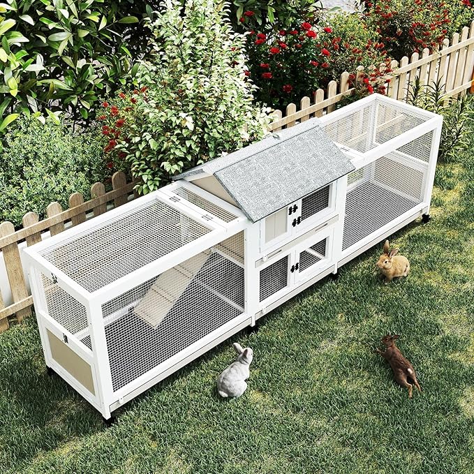 Gowoodhut 2-Story 93.1"L Rabbit Hutch Indoor and Outdoor with 8 Wheels,Wooden Rabbit Cage with 4 Pull Out Leak-Proof Trays for 2-4 Rabbits,Bunny Hutch with Asphalt Roof Bunny Cage with 7 Accesses,Grey