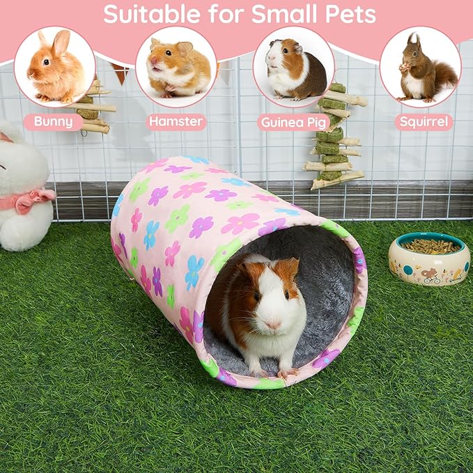 Glittme Guinea Pig Tunnel Washable Guinea Pigs Hideout Portable Rabbit Tunnels Soft Ferret Tunnel for Playing Resting Guinea Pig Accessories for Hedgehogs, Hamster, Apricot Flowers