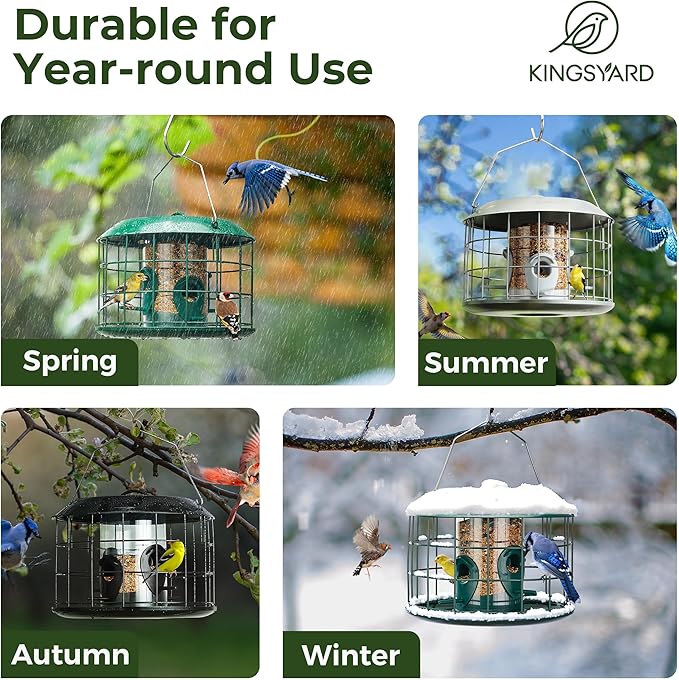 Kingsyard Tube Squirrel Proof Bird Feeders for Outdoor Hanging, Metal Caged Bird Feeder with Rain Proof Covered for Wildbirds Finches Bluebird, 4 Feeding Ports, Green