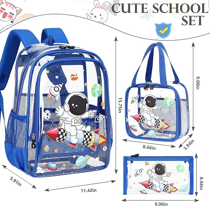 AO ALI VICTORY Clear Backpack for Boys Girls,15.6 Inch Kids Backpack Set with Lunch Bag Pencil Case PVC Elementary Bookbag for School Students See Through Transparent Travel Back Pack,Blue Astronaut