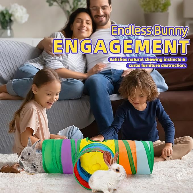 Bunny Tunnels & Tubes Collapsible 3 Way Rabbit Hideout with 13pcs Toys for Bunny Guinea Pig Hamster Chinchilla Hedgehog Rat Ferret Kitten (Colorful)
