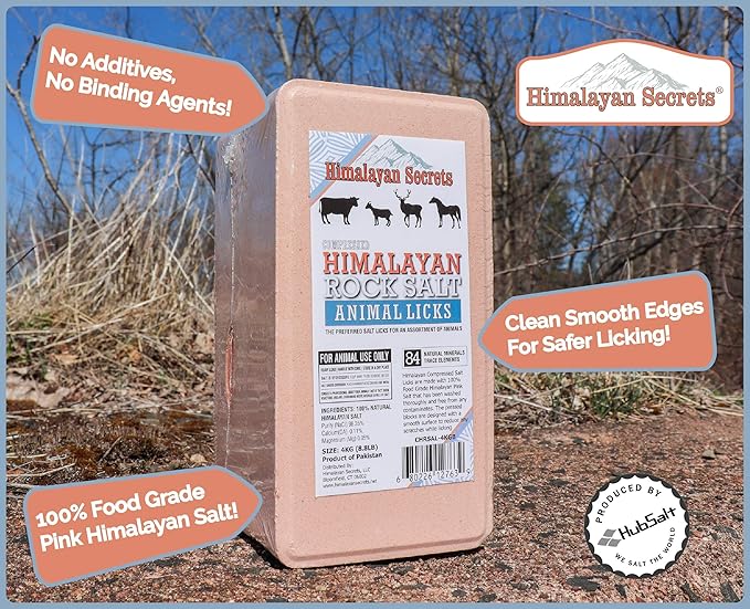 Salt Block for Deer & Horses – Compressed Mineral Salt Lick for Livestock, Cattle & Goats – Himalayan Secrets Pink Rock Salt Block (4.4LB/2KG, Block)