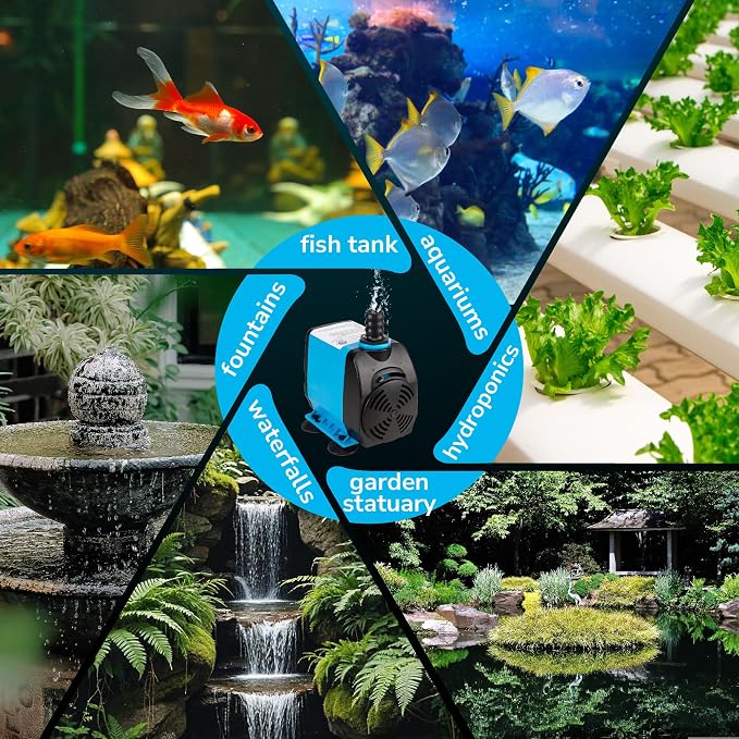Hexago 800GPH Submersible Pump, Ultra Quiet Water Fountain Pumps with 10FT High Lift, 6FT Power Cord, 3 Nozzles, Durable Water Pump for Fish Tank, Pond Fountains, Aquarium, Statuary, Hydroponics