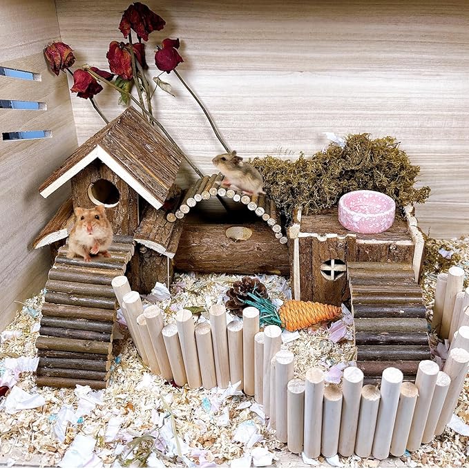Natural Wooden Hamster Tunnel Playground Small Animal Multi-Room Hideout Houses with Climbing Ladders and Bridges for Dwarf Hamster Mice Gerbil (18.5x8.7x6in)