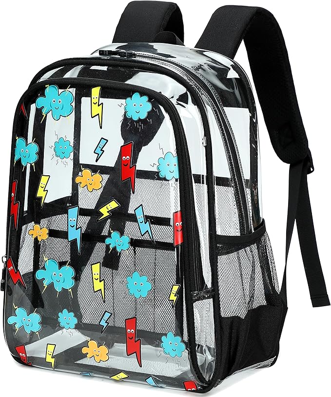 AO ALI VICTORY Clear Backpack for School,PVC Transparent Kids Bookbag for Girls Boys Cute Toddler Back Pack Kindergarten Elementary Schoolbag Stadium Approved See Through Backpacks,Black Lightning