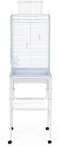 Prevue Pet Products Bird Cage Stand with Shelf - Small to Medium Metal Cage Stand with Rolling Wheels, Bird Stands for Inside, Mid‑Height Shelf for Cage Accessories, Toys, and Storage - White