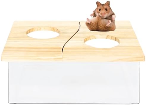 Hamster Sand Bath Box Container, Mini Pet Sandbox Lid Design Take Bath Wooden Sandbox Dust Bath, Transparent Bathroom & Digging Box Acrylic Hamster Litter Box Small Animal Accessories (B)