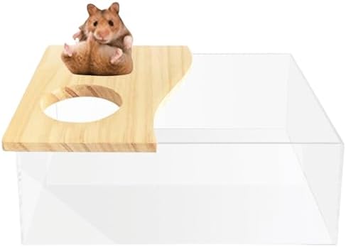 Hamster Sand Bath Box Container, Mini Pet Sandbox Lid Design Take Bath Wooden Sandbox Dust Bath, Transparent Bathroom & Digging Box Acrylic Hamster Litter Box Small Animal Accessories (C)