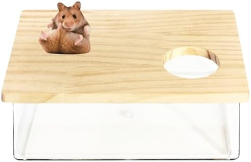 Hamster Sand Bath Box Container, Mini Pet Sandbox Lid Design Take Bath Wooden Sandbox Dust Bath, Transparent Bathroom & Digging Box Acrylic Hamster Litter Box Small Animal Accessories (A)