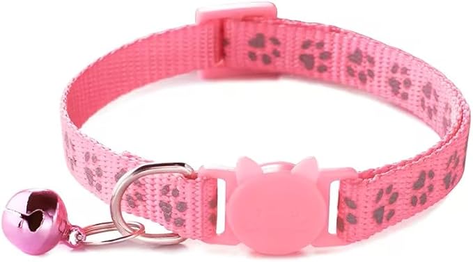 Cat Collar Breakaway Safety with Bell, Cute Reflective Paw Print Pattern (Pink)