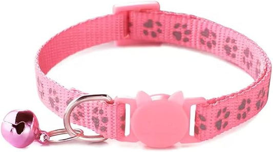 Cat Collar Breakaway Safety with Bell, Cute Reflective Paw Print Pattern (Pink)