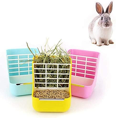 Rabbit Feeder, Hay Food Bin Feeder, Pink (Plastic), Adjustable, Removable Grass Rack, Stainless Steel Edge, for Rabbit, Guinea Pig, Chinchilla