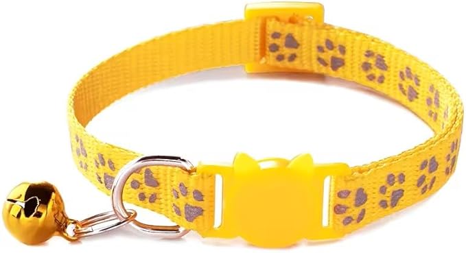 Cat Collar Breakaway Safety with Bell, Cute Reflective Paw Print Pattern (Yellow)