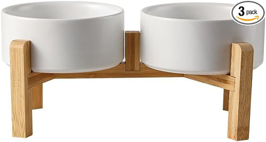 Elevated Pet Feeder Set with 2 Ceramic Bowls and Bamboo Stand, Raised Double Bowl for Cats, Kittens, Small Dogs and Puppies