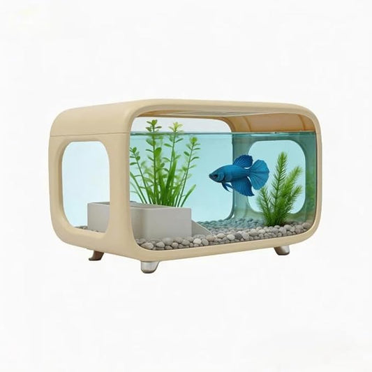 Desktop Fish Tank, 3.2Gal Small Betta Fish & Turtle Tanks, Aquarium Bowl with Detachable Basking Platform, Multi-Functional Areas Aquascape Tanks for Fish Terrapin Frog Shrimp Crab (White)
