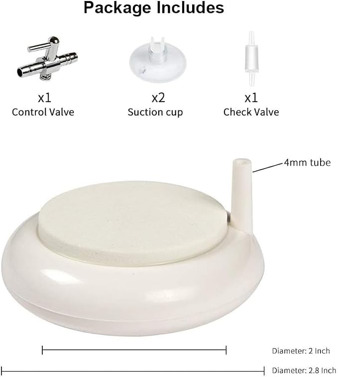 hygger Aquarium Air Stone, Fish Tank Bubbler, Nano Furnace Flue Round Stone Disk, Small Bubbles and High Dissolved Oxygen for Hydroponics, with 2 Suction Cups, 1 Adjust Valve, 1 Check Valve (2 Inch)